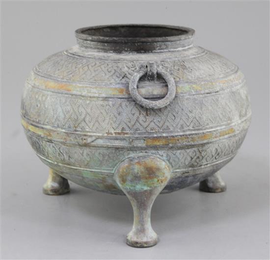 A Chinese archaic bronze steamer vessel base, Yan, Warring States period, c.5th century B.C., 16cm high, 20cm diameter (lacking top)